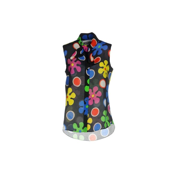 Moschino Couture Flower Power Black Sleeveless Silk Top SZ 44/US 10 Neck Tie